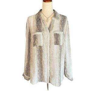 NY Collection Snake Print Button Up Blouse in Taupe & Cream
